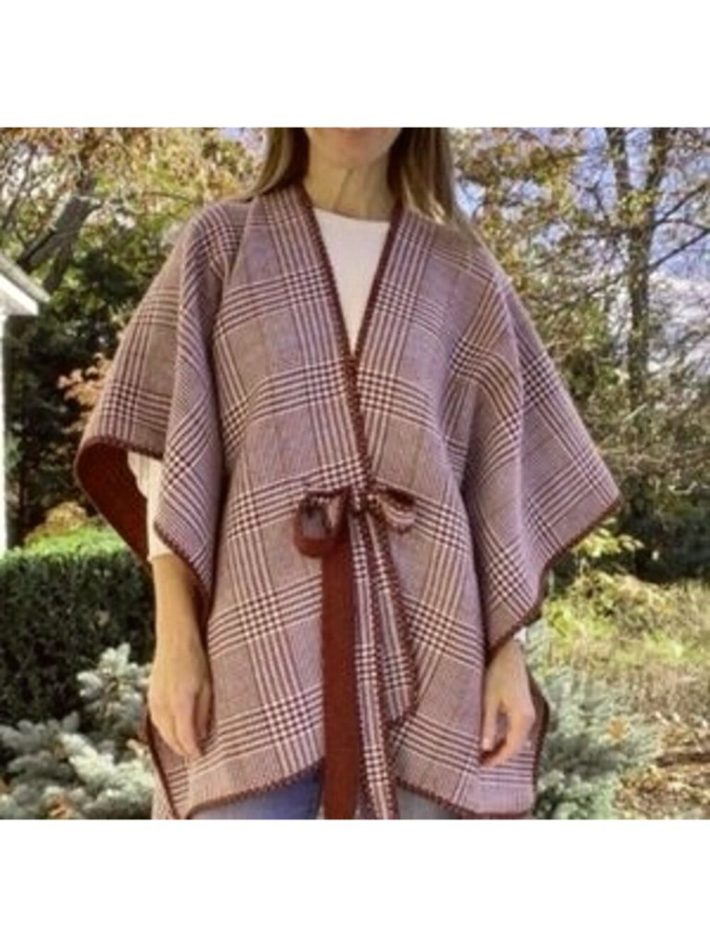 Cabi Reversible Plaid Capelet Cape Coat Belted Sweater Jacket Poncho Wrap M/L